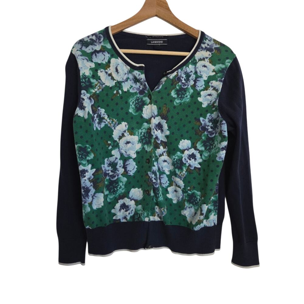 Lands' End Supima Cotton Floral Polkadot Cardigan Garden Cottage MEDIUM Petite